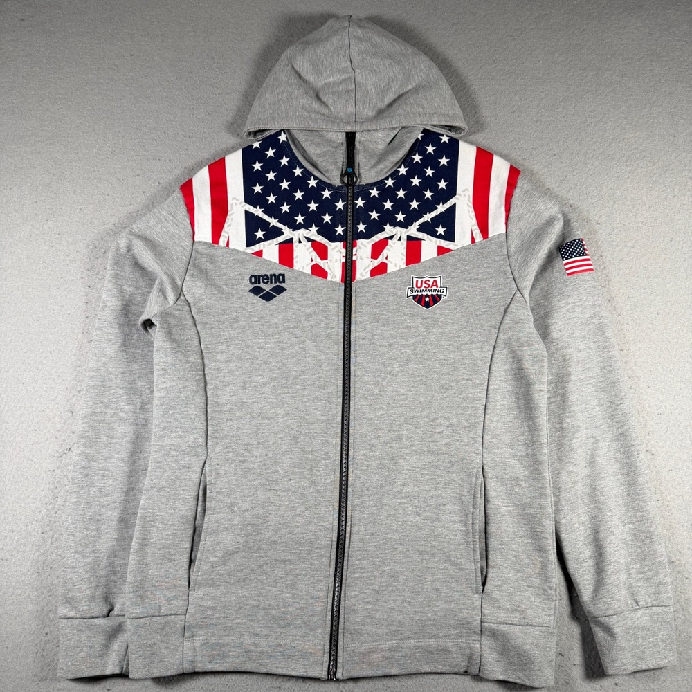 Arena USA Swimming Mens Medium OG Hooded Full‎ Zip Jacket Grey Flag 003869-6617